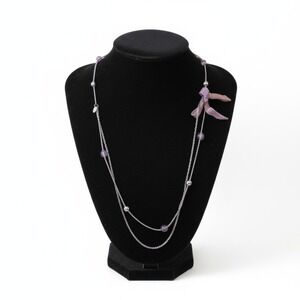 Silver Tone Layered Necklace w Lilac/Pink Organza Bow | Balletcore Coquette